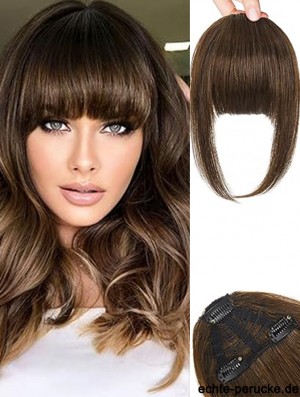 Clip in Bangs 100% Menschliches Haar 3 Sichere Clips in Full Blunt Cut Bangs Clip in Hair Extensions, Brown Fake Bangs Fringe mit Tempelhaarteilen für Frauen Tägliche Kleidung